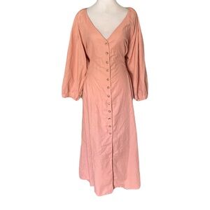 NWT Bali Elf Dusty Pink XXL 100% Linen Button Front Handmade Belted Midi Dress